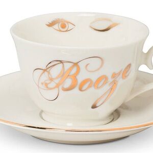 Booze White and Gold Teacup and Saucer- New